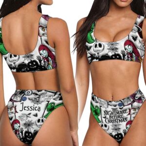 Front view of the women's classic bikini featuring personalized nightmare gothic print with vibrant colors and playful design