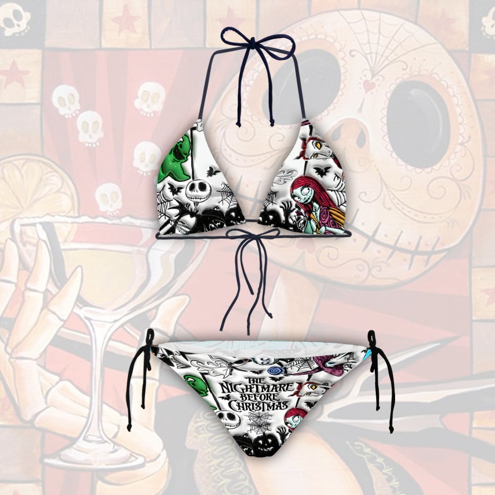 Nightmare Before Christmas Bikini | Personalized Design Front view of the women's triangle bikini featuring a vibrant Nightmare Before Christmas print, perfect for spooky beach vibe