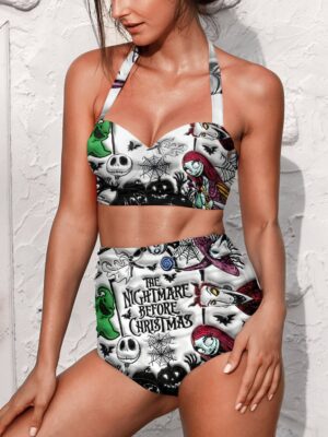 Front view of the women's two-piece swimsuit featuring the nightmare before christmas bikini with vibrant gothic print.