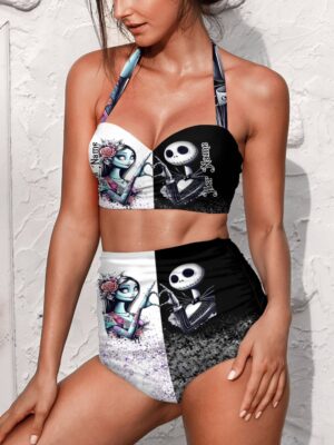 Stylish women's two-piece swimsuit featuring her jack his sally couple swimsuit design in vibrant colors, front view.