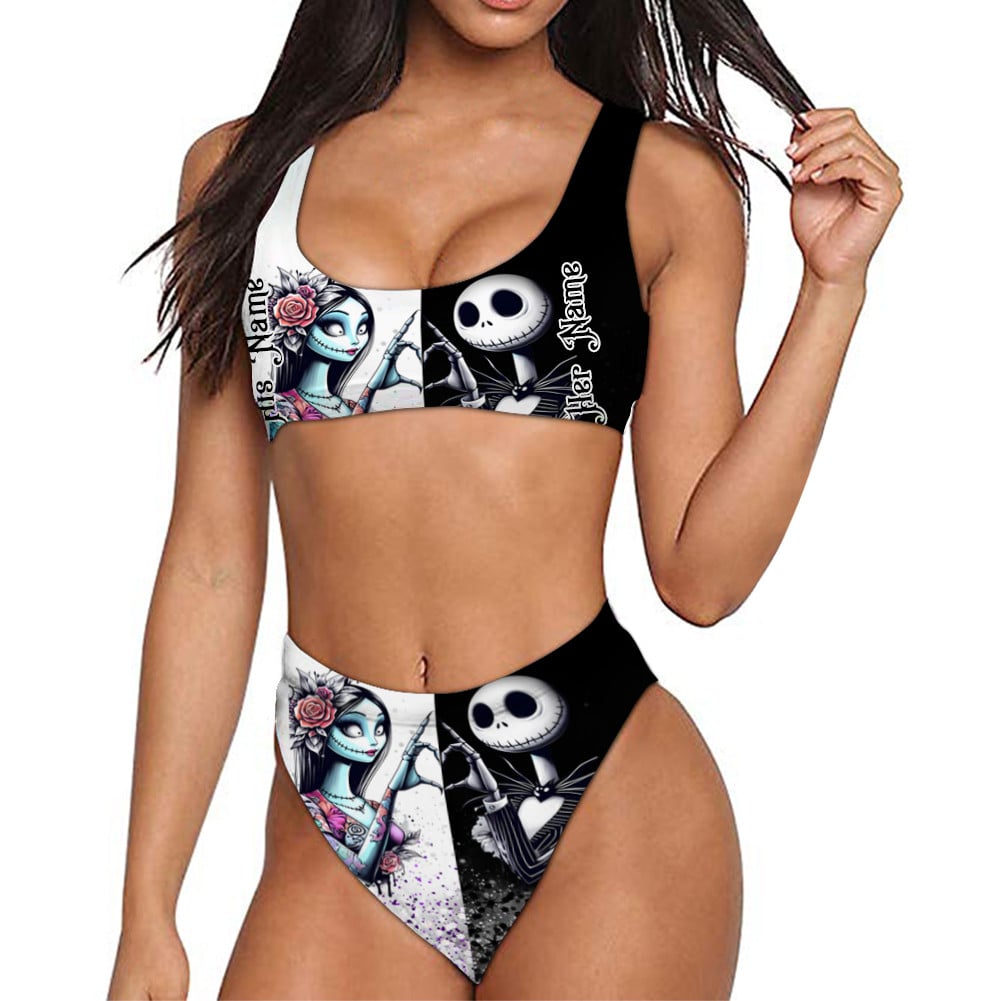 Her Jack His Sally Bikini | Personalized Couple Design Front view of the her jack his sally bikini, featuring colorful Jack and Sally prints on a stylish two-tone design.