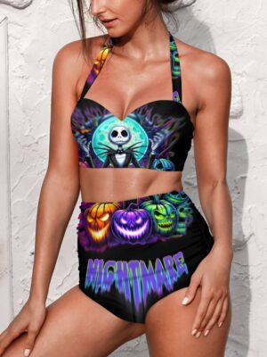 Front view of the women's two-piece swimsuit featuring the welcome to my nightmare swimsuit design with colorful prints.