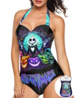 Front view of the Welcome to My Nightmare bikini featuring vibrant Jack print and spooky pumpkin design.
