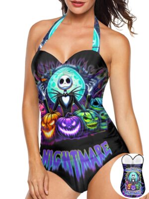 Front view of the Welcome to My Nightmare bikini featuring vibrant Jack print and spooky pumpkin design.