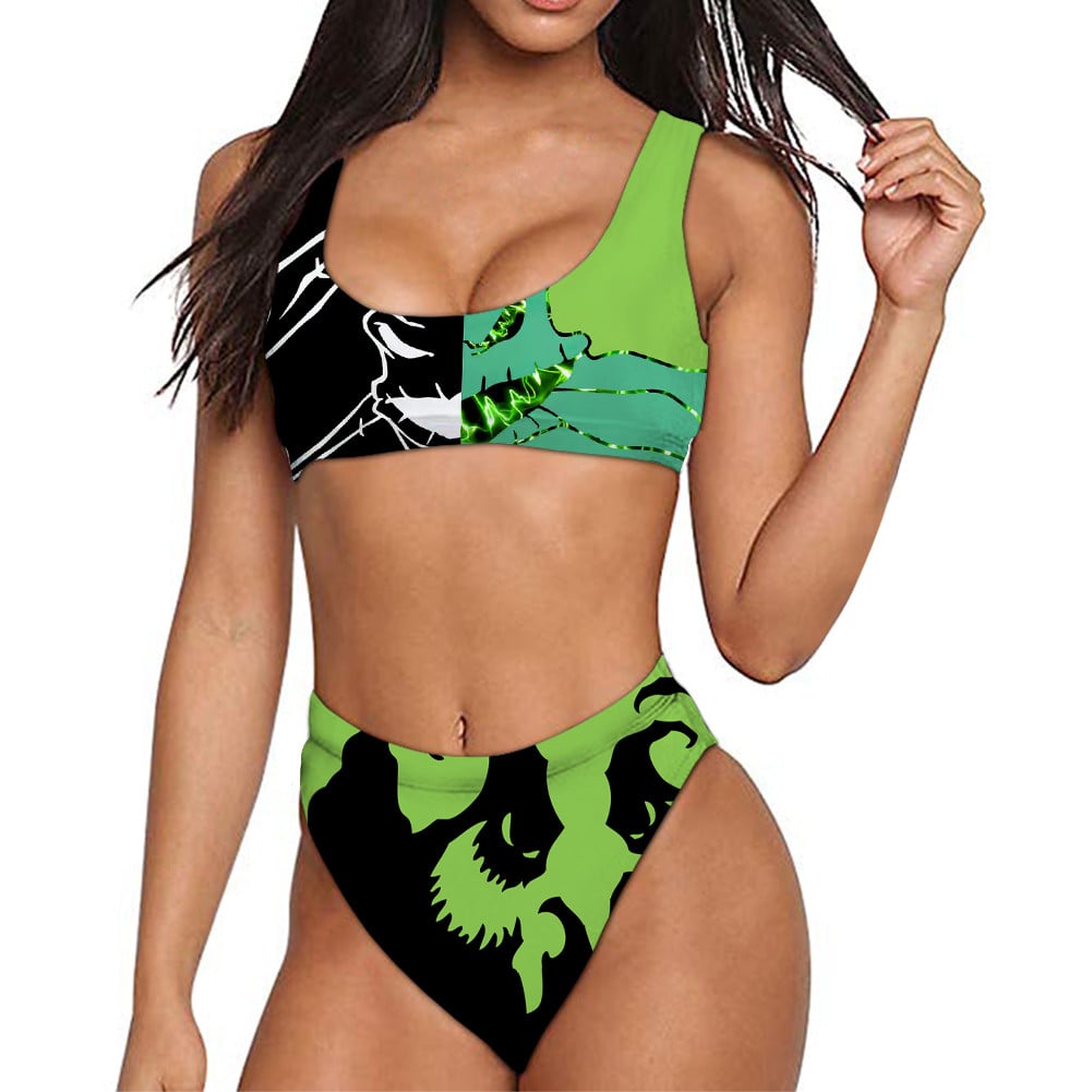 Oogie Boogie Halloween Print Bikini | Women's Swimwear Front view of women's classic bikini featuring Oogie Boogie Halloween print in vibrant green and black colors.