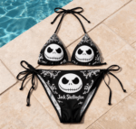 Front view of the women's triangle bikini, featuring a gothic jack monochrome print in black and white design.