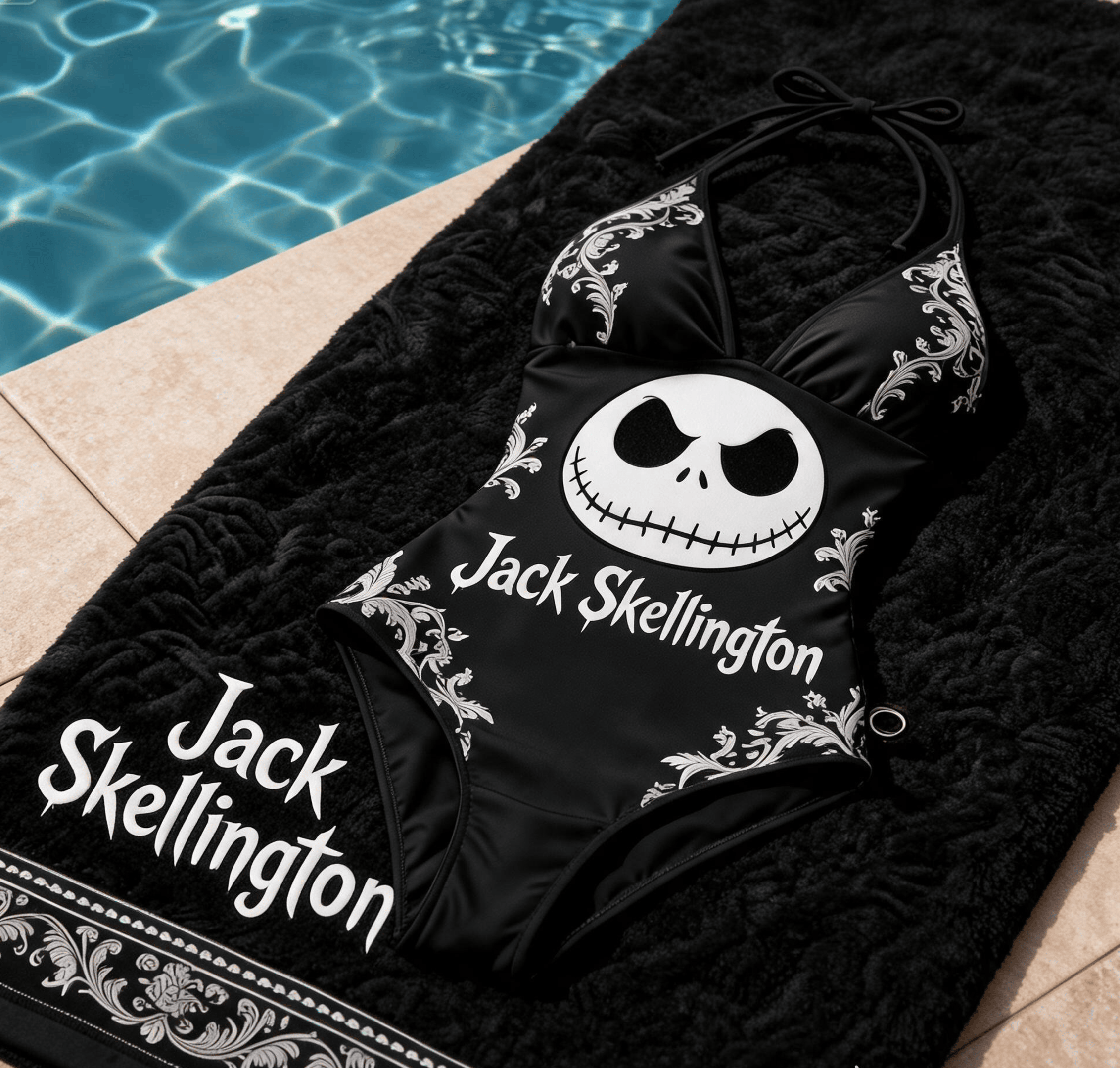 Gothic Jack Monochrome Print One-Piece Swimsuit Back angle of the gothic jack monochrome print swimsuit, highlighting the elegant straps and unique monochrome pattern.
