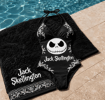 Front view of the gothic jack monochrome print swimsuit, showcasing its black color and iconic design with Jack Skellington.