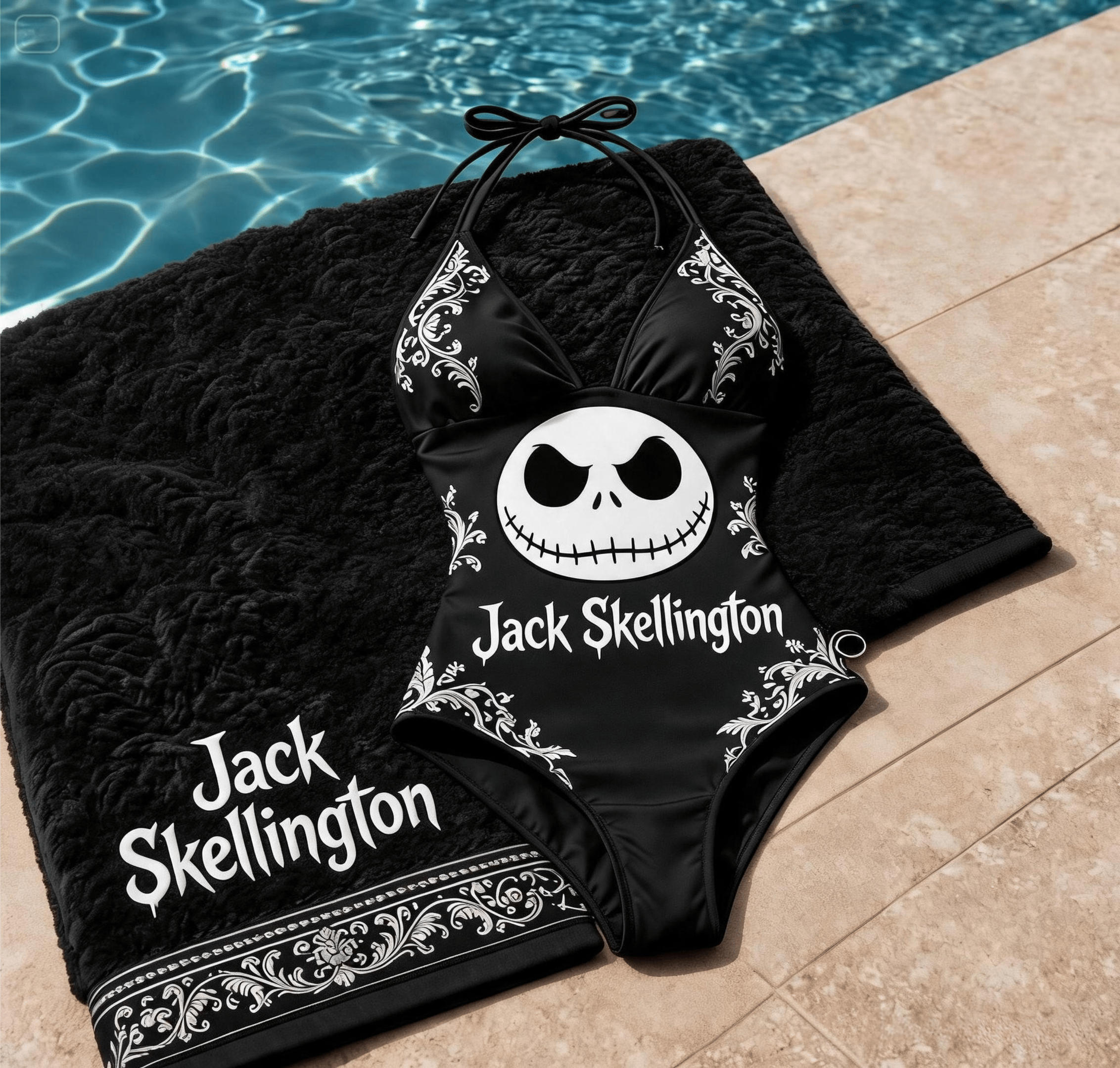 Gothic Jack Monochrome Print One-Piece Swimsuit Front view of the gothic jack monochrome print swimsuit, showcasing its black color and iconic design with Jack Skellington.