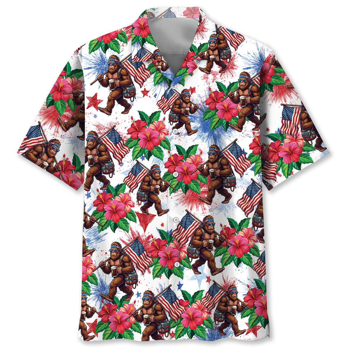 Bigfoot Patriot Tropical Hawaiian Shirt Front view of the Bigfoot Patriot Tropical Hawaiian Shirt with vibrant floral and flag designs.