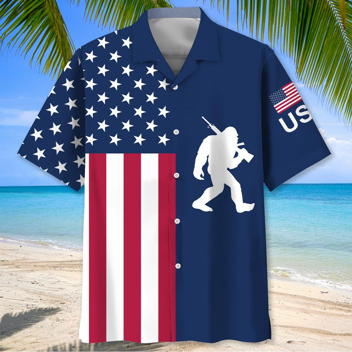 Bigfoot American Flag Hawaiian Shirt Back view of the Bigfoot Hawaiian shirt showcasing the bold American flag pattern with a silhouette of Bigfoot.