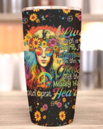 Live with a spirit tumbler in vibrant tie-dye, showcasing colorful flowers and peace signs from a front view.