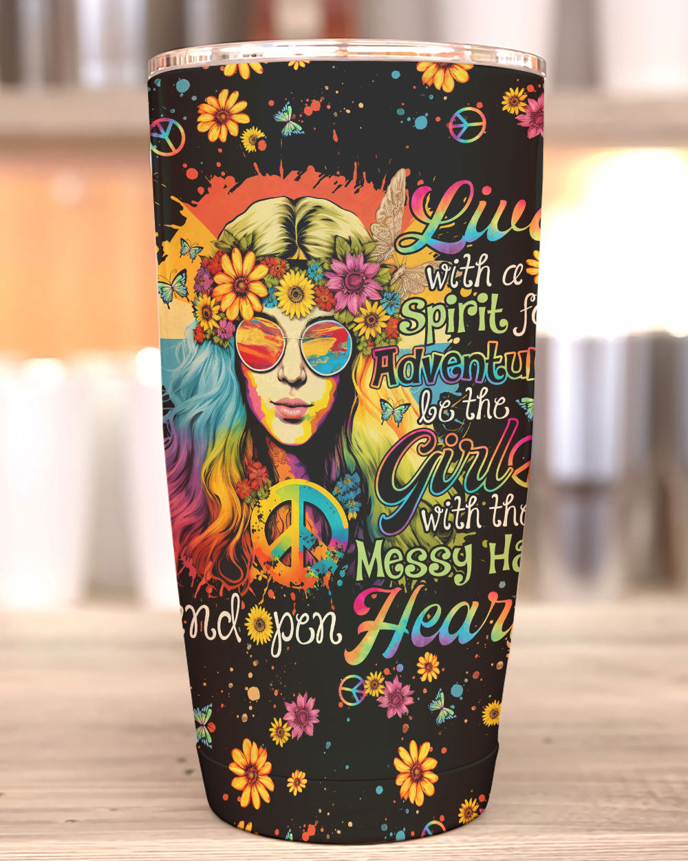 Live with a Spirit Tie Dye Insulated Tumbler Live with a spirit tumbler in vibrant tie-dye, showcasing colorful flowers and peace signs from a front view.