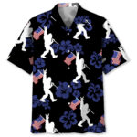 Front view of the patriotic bigfoot USA flag Hawaiian shirt featuring a vibrant black background and floral patterns.