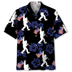 Front view of the patriotic bigfoot USA flag Hawaiian shirt featuring a vibrant black background and floral patterns.