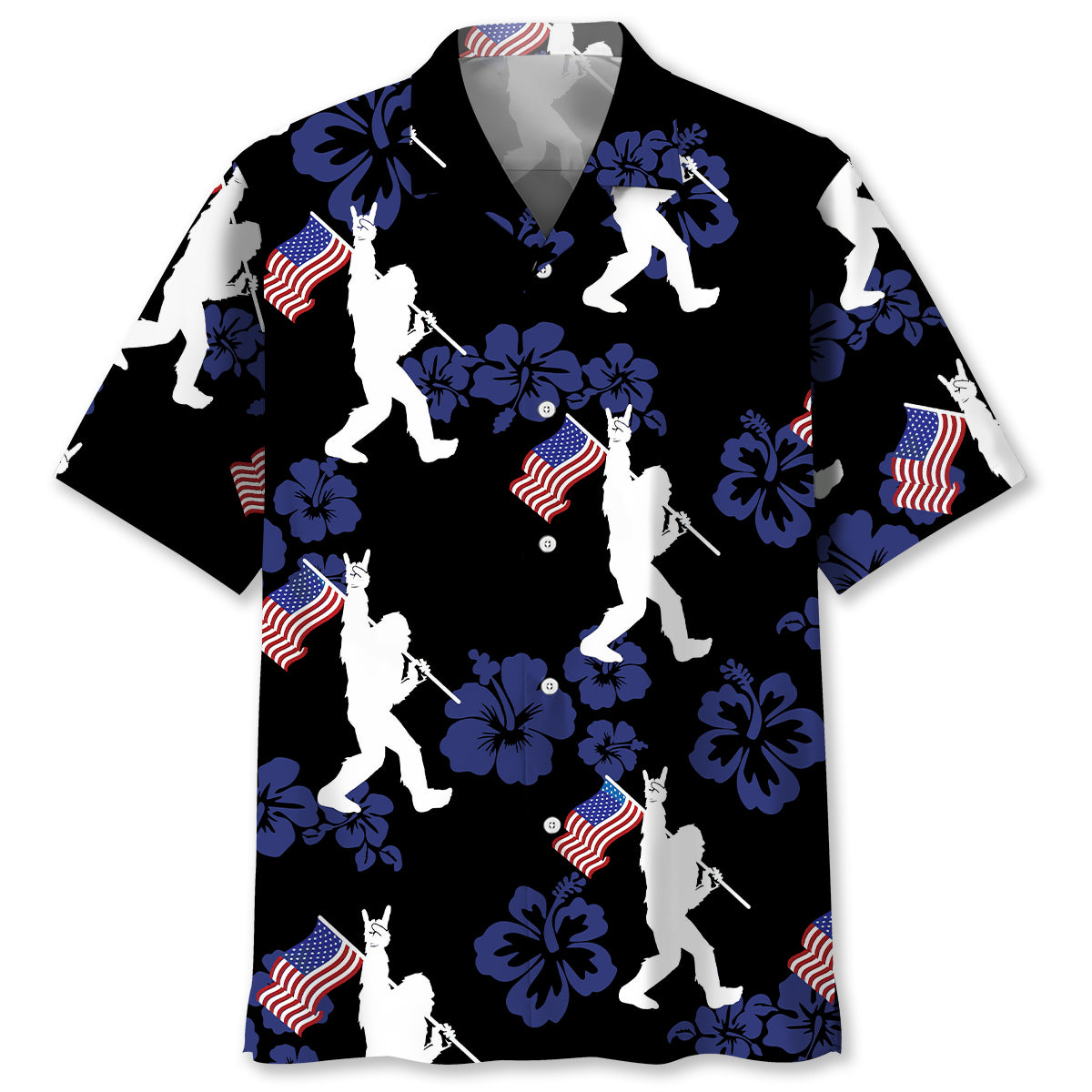 Patriotic Bigfoot USA Flag Hawaiian Shirt Front view of the patriotic bigfoot USA flag Hawaiian shirt featuring a vibrant black background and floral patterns.