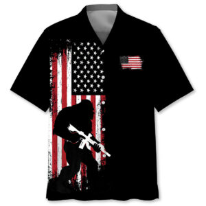 Front view of the bigfoot silhouette American flag Hawaiian shirt with a black background and bold red stripes.