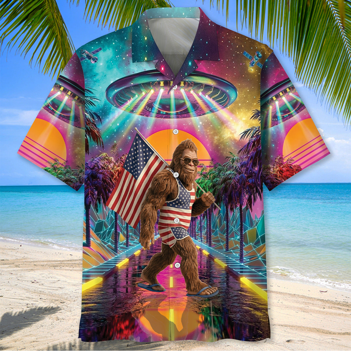 80s Retro Futuristic Sci-Fi Bigfoot Hawaiian Shirt 80s Retro Futuristic Sci-Fi Bigfoot Hawaiian Shirt - Image 2