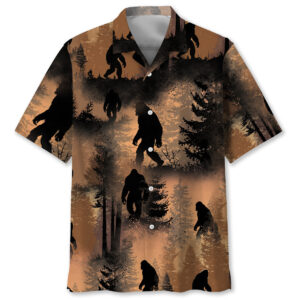 Front view of the forest bigfoot Hawaiian shirt featuring earthy tones and a unique Bigfoot pattern.