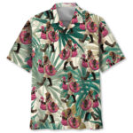 Front view of the Bigfoot Flamingo Escape Hawaiian shirt featuring vibrant colors and a playful design.