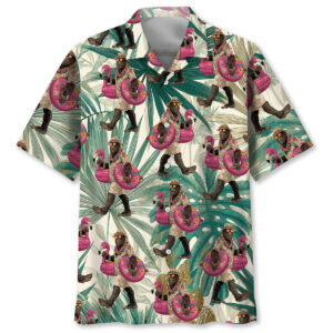 Front view of the Bigfoot Flamingo Escape Hawaiian shirt featuring vibrant colors and a playful design.