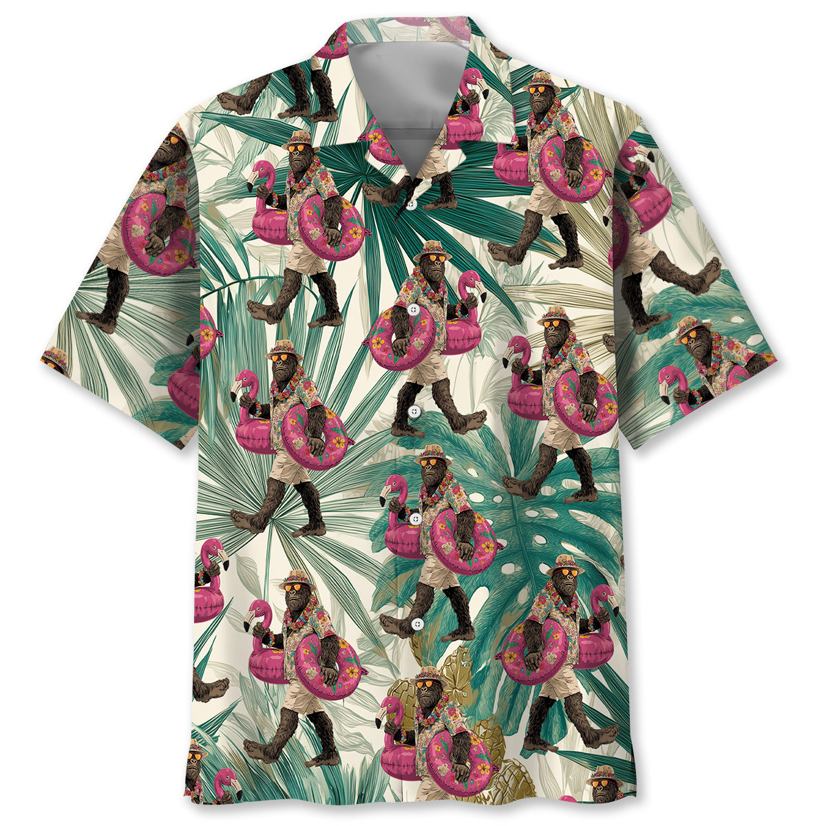 Bigfoot Flamingo Escape Hawaiian Shirt Front view of the Bigfoot Flamingo Escape Hawaiian shirt featuring vibrant colors and a playful design.