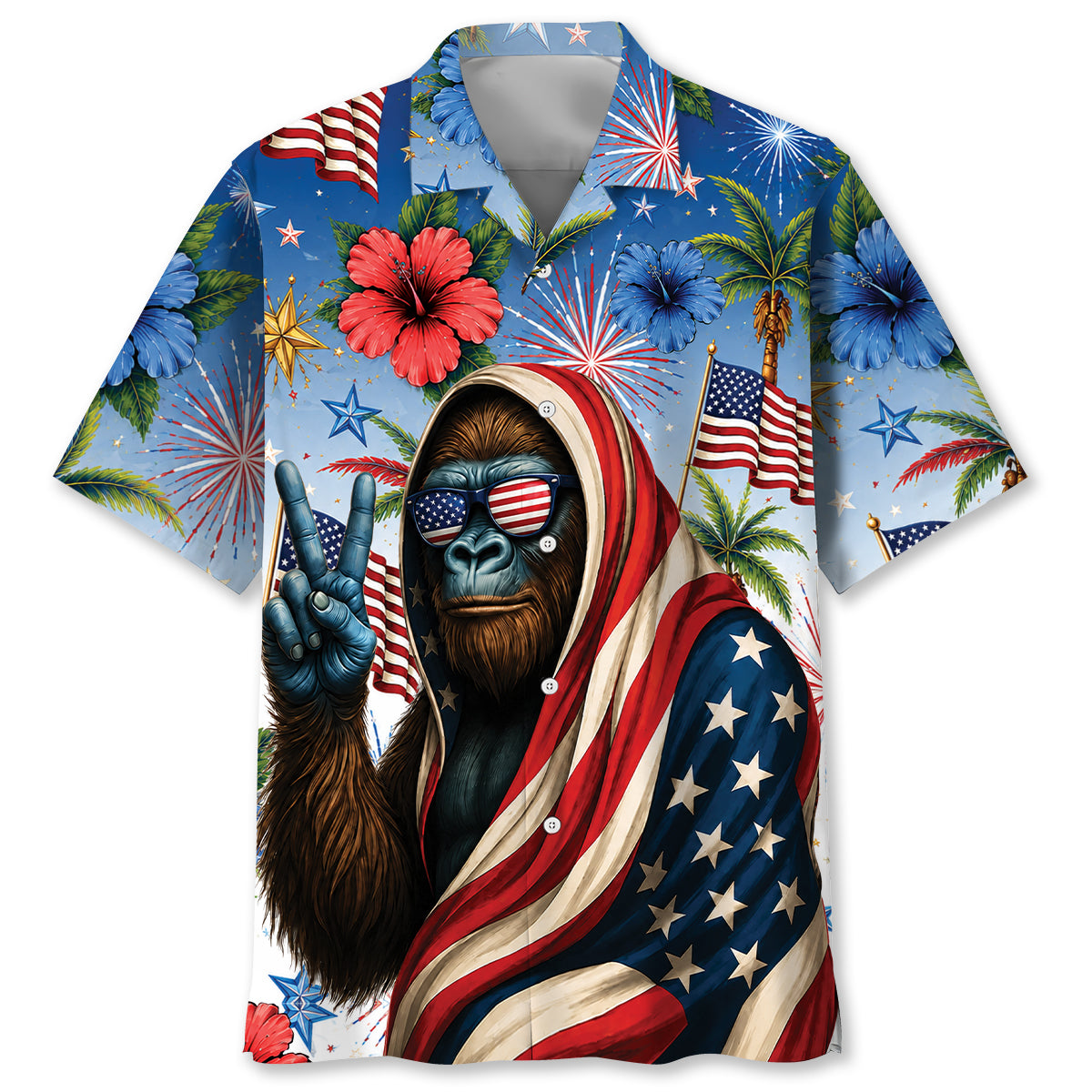 Patriotic Bigfoot 4th of July Hawaiian Shirt Front view of the patriotic Bigfoot 4th of July shirt featuring vibrant colors and festive designs.