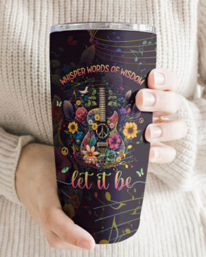 Close-up of the Whisper Words of Wisdom guitar tumbler showcasing vibrant floral design and colorful notes.