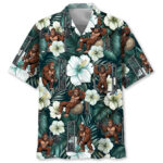 Front view of the funny bigfoot fitness Hawaiian shirt with vibrant green leaves and muscular Bigfoot designs.