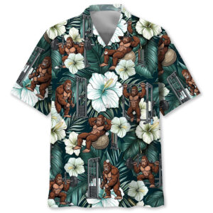 Front view of the funny bigfoot fitness Hawaiian shirt with vibrant green leaves and muscular Bigfoot designs.