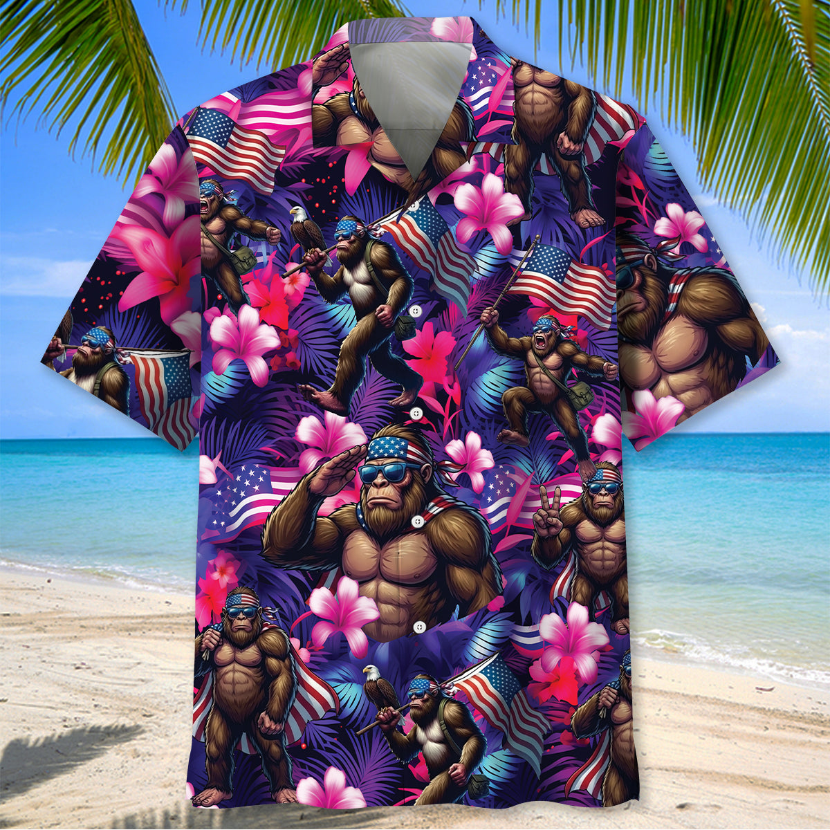 Neon Bigfoot Patriotic Hawaiian Shirt Neon Bigfoot Patriotic Hawaiian Shirt - Image 2