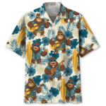 Front view of the Aloha Bigfoot Holiday shirt with vibrant colors and playful design featuring Bigfoot.