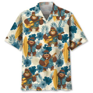 Front view of the Aloha Bigfoot Holiday shirt with vibrant colors and playful design featuring Bigfoot.