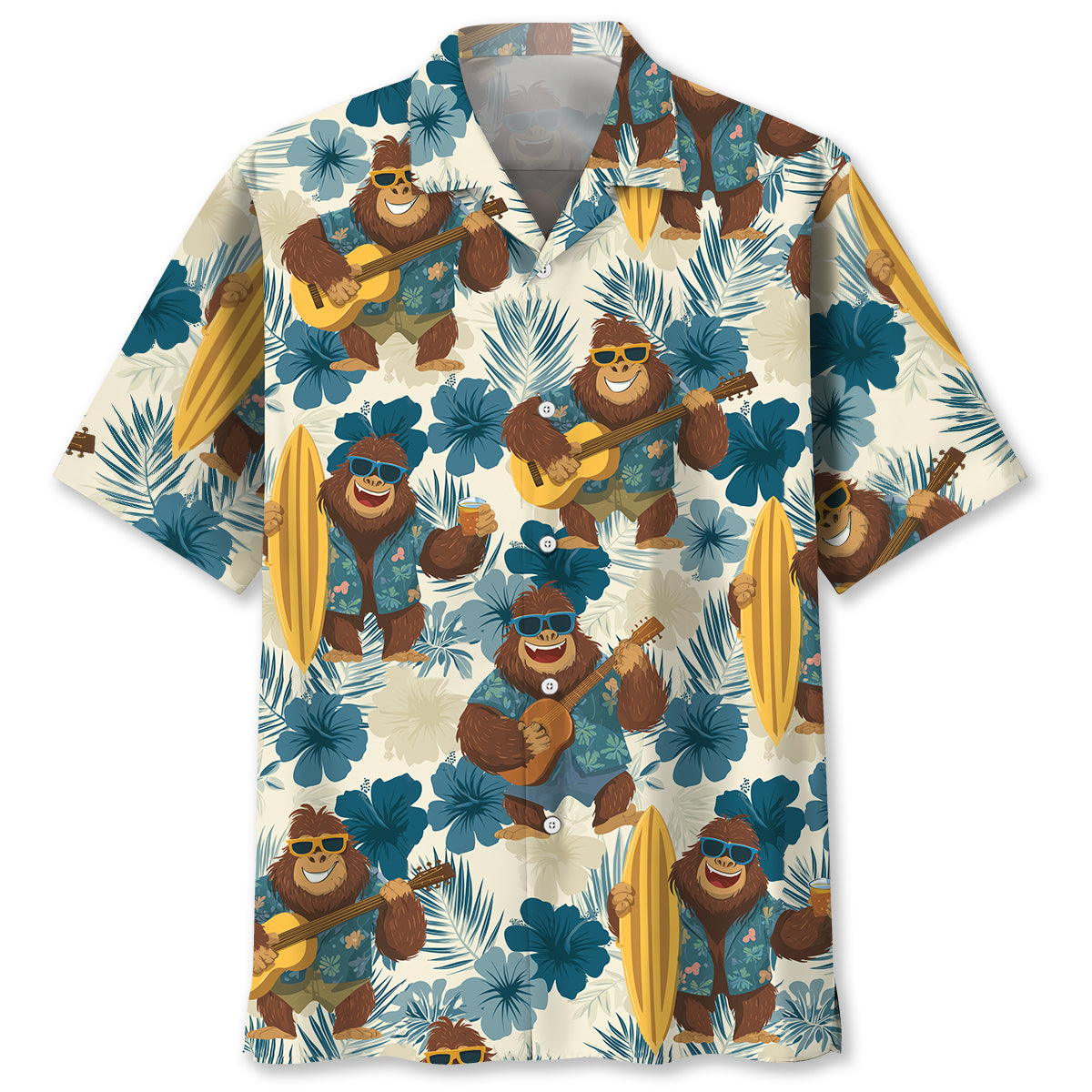 Aloha Bigfoot Holiday Hawaiian Shirt Front view of the Aloha Bigfoot Holiday shirt with vibrant colors and playful design featuring Bigfoot.