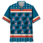 Front view of the Bigfoot Patriot Hibiscus Hawaiian shirt showcasing vibrant blue and red colors.