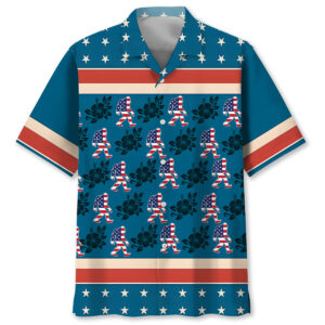 Front view of the Bigfoot Patriot Hibiscus Hawaiian shirt showcasing vibrant blue and red colors.