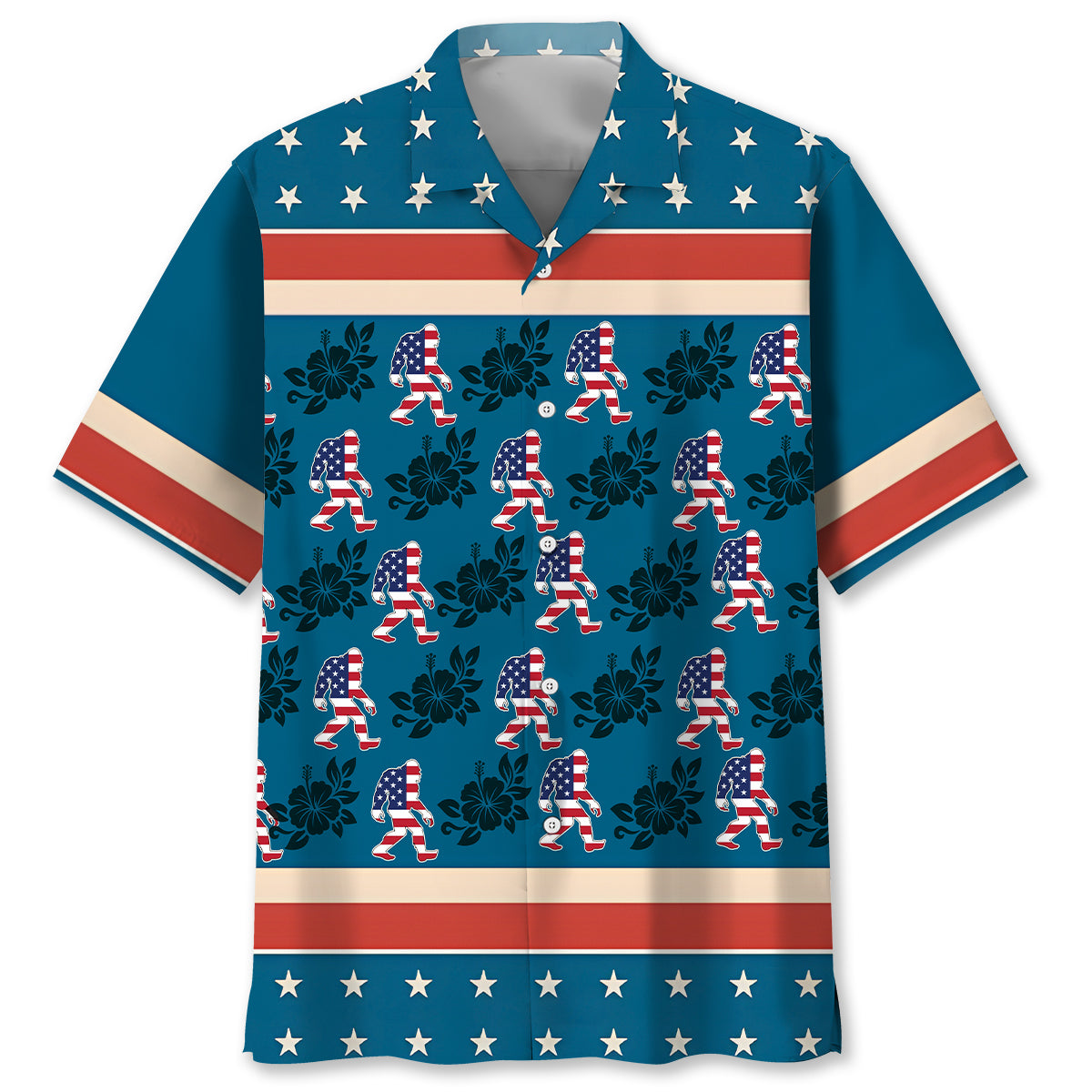 Bigfoot Patriot Hibiscus Hawaiian Shirt Front view of the Bigfoot Patriot Hibiscus Hawaiian shirt showcasing vibrant blue and red colors.