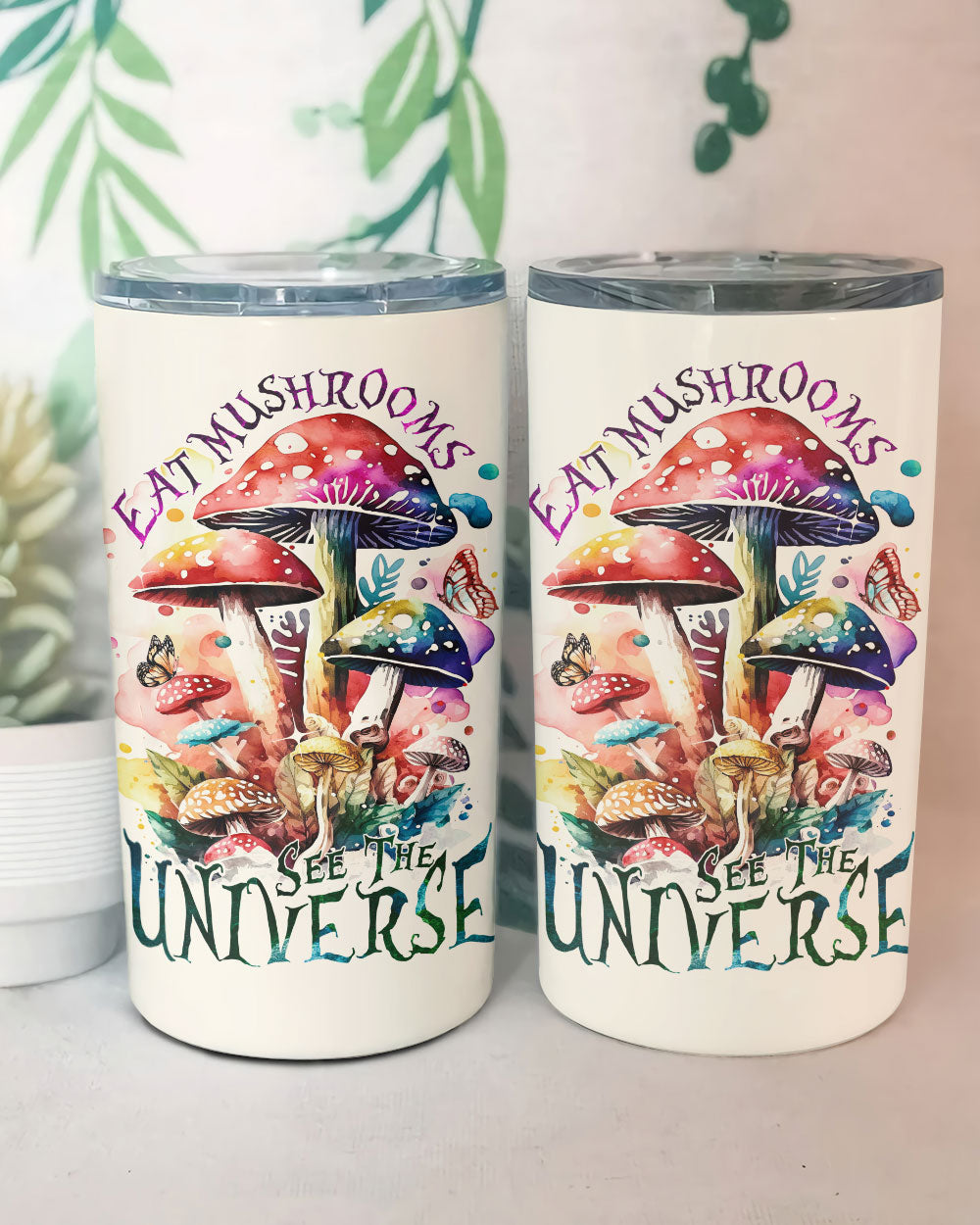 Eat Mushrooms See the Universe Insulated Tumbler Back view of the insulated Eat Mushrooms See the Universe tumbler, revealing a sleek design and sturdy construction.