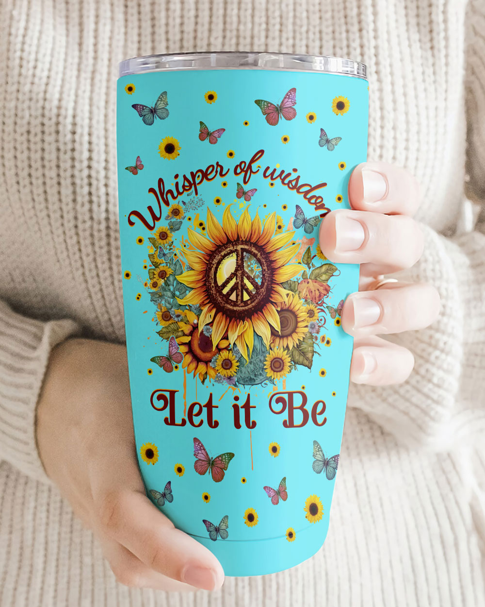 Whisper of Wisdom Sunflower Insulated Tumbler Detailed close-up of the Whisper of Wisdom sunflower tumbler emphasizing the intricate sunflower and peace symbol design.