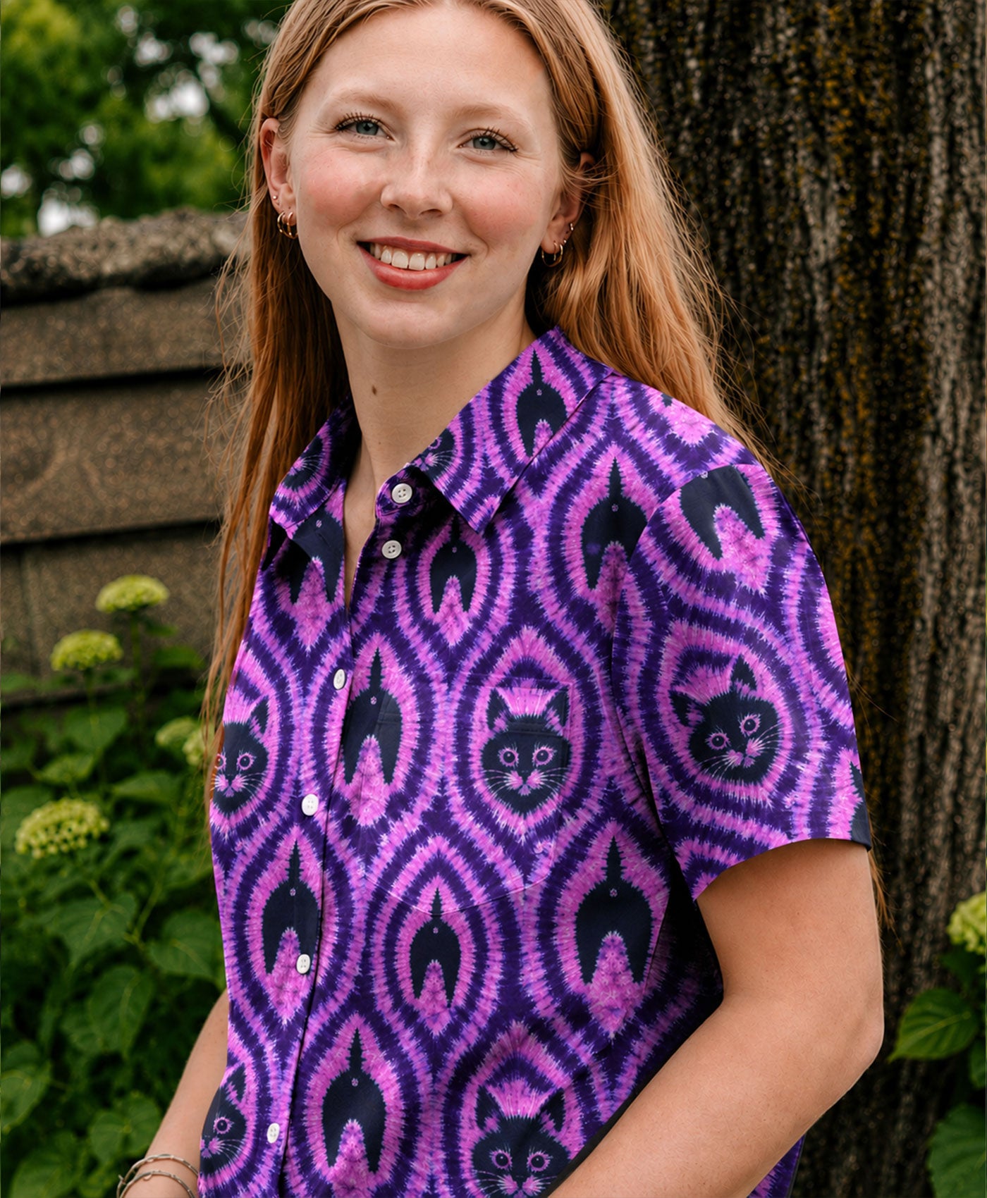 Funny Cat Pattern Button-Down Collar Shirt Side view of funny cat pattern button-down shirt emphasizing the short sleeves and colorful print.