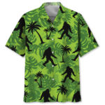 Front view of the tropical bigfoot Hawaiian shirt featuring bold green colors and playful Bigfoot silhouettes.