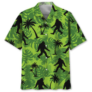 Front view of the tropical bigfoot Hawaiian shirt featuring bold green colors and playful Bigfoot silhouettes.