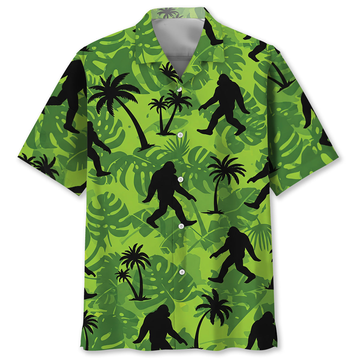 Tropical Bigfoot Hawaiian Shirt Front view of the tropical bigfoot Hawaiian shirt featuring bold green colors and playful Bigfoot silhouettes.