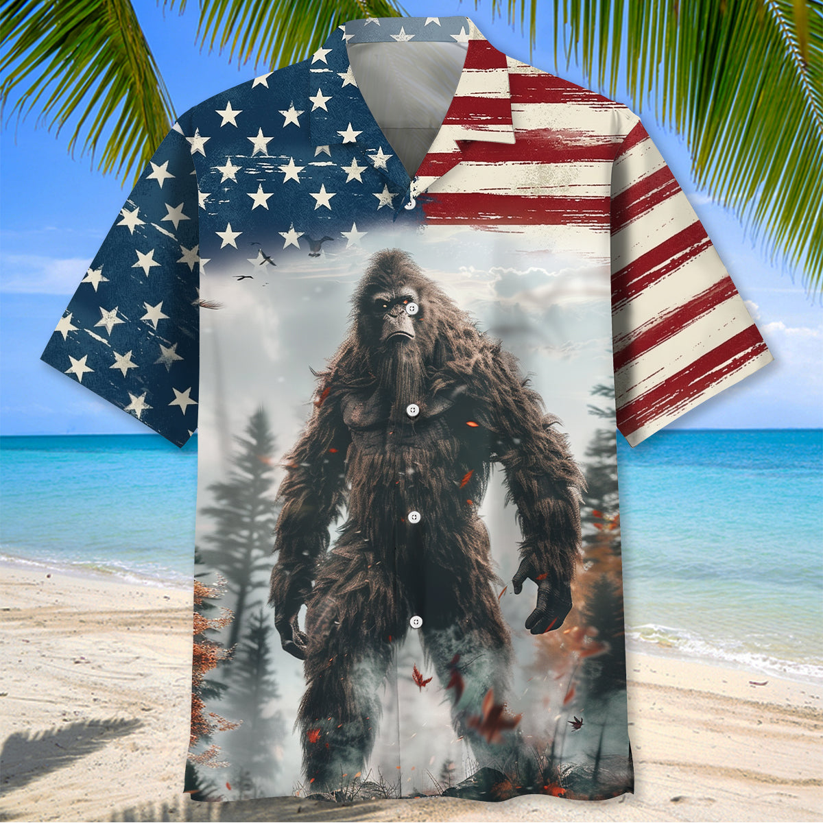 Bigfoot American Wilderness Legend Hawaiian Shirt Back view of the Bigfoot American Wilderness Legend shirt showcasing the striking forest backdrop and detailed graphic.