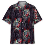 Front view of the Bigfoot Dark Forest horror Hawaiian shirt featuring bold colors and intricate design details.