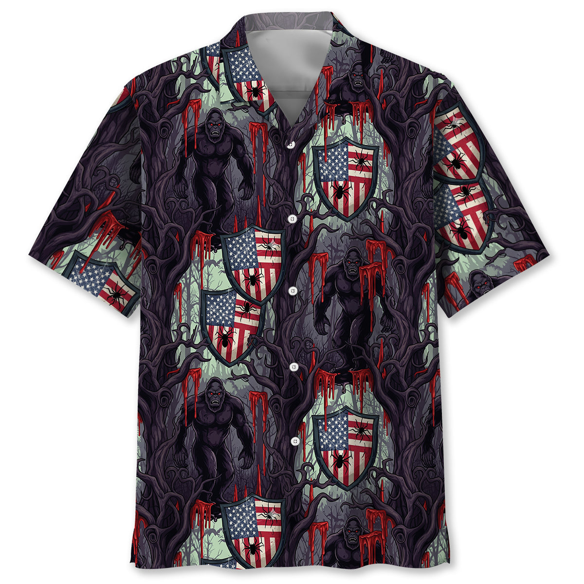Bigfoot Dark Forest Horror Hawaiian Shirt Front view of the Bigfoot Dark Forest horror Hawaiian shirt featuring bold colors and intricate design details.