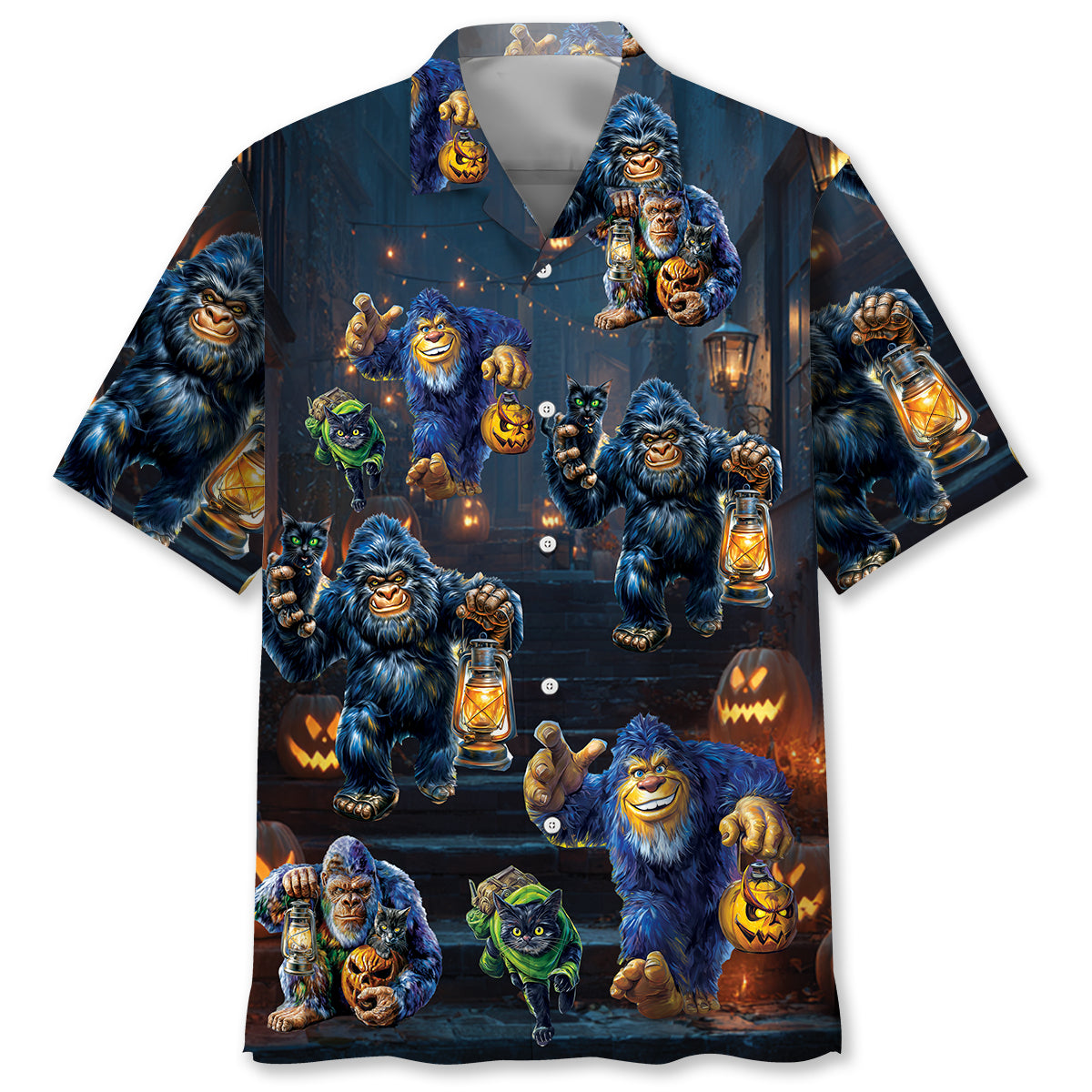 Bigfoot Catching Black Cat Halloween Shirt Front view of the bigfoot catching black cat Halloween shirt, featuring vibrant colors and spooky designs.