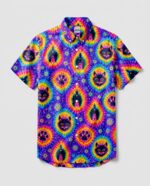 Front view of the colorful cat paw print shirt featuring vibrant tie-dye patterns and playful cat designs.