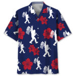 Front view of the patriotic bigfoot USA flag color Hawaiian shirt featuring bold floral patterns.