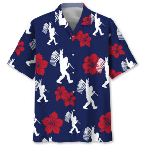 Front view of the patriotic bigfoot USA flag color Hawaiian shirt featuring bold floral patterns.